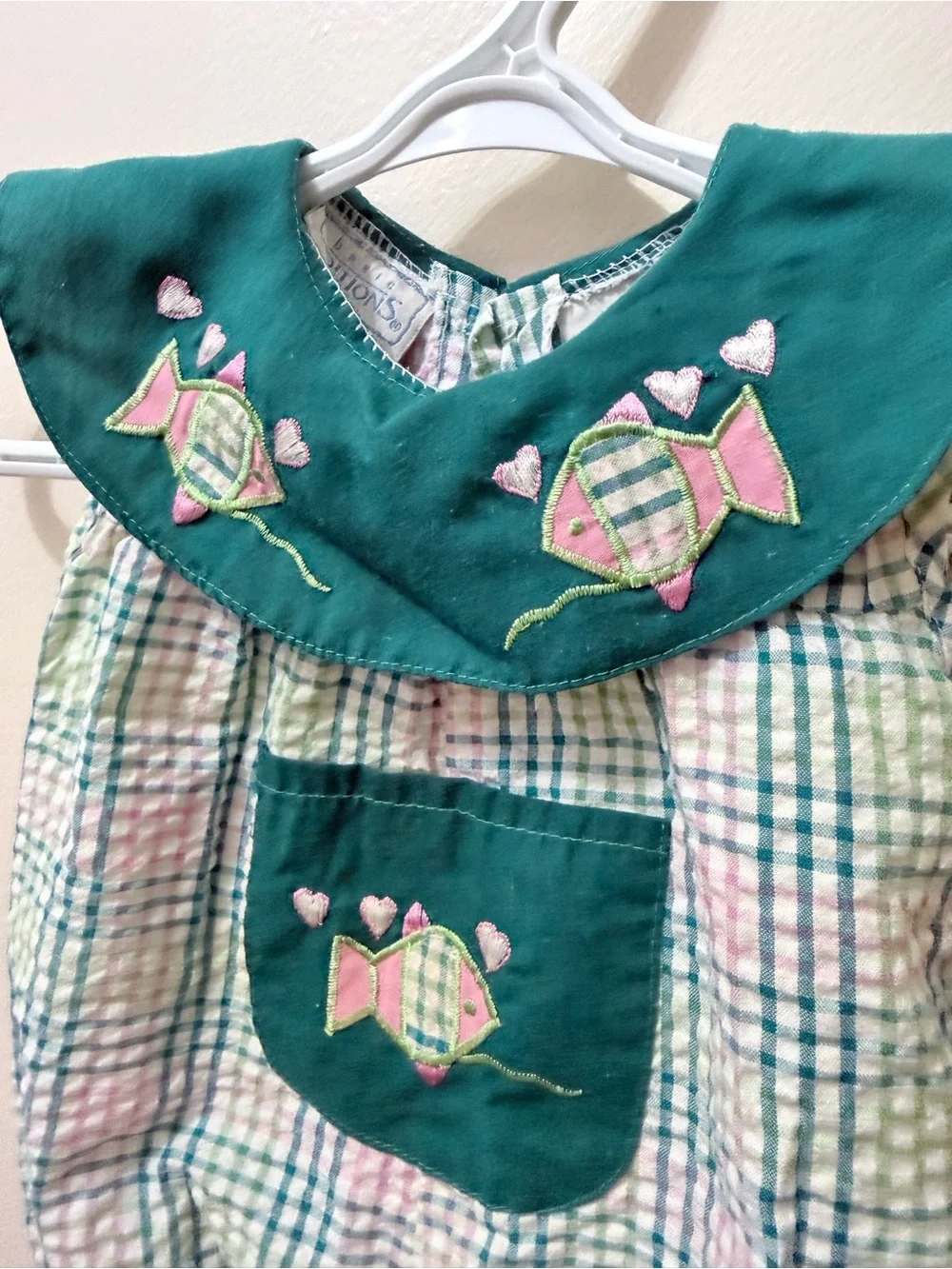 Vintage Y2K Seer Sucker Bubble Bibbed Romper Pastel Sea Beach Fish Embroidered 6